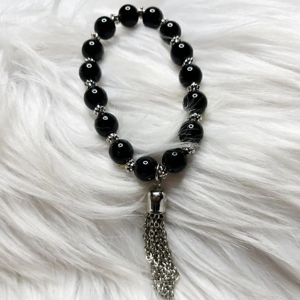 Beaded and Metal Tassel Boho Bracelet Black and Silver One Size